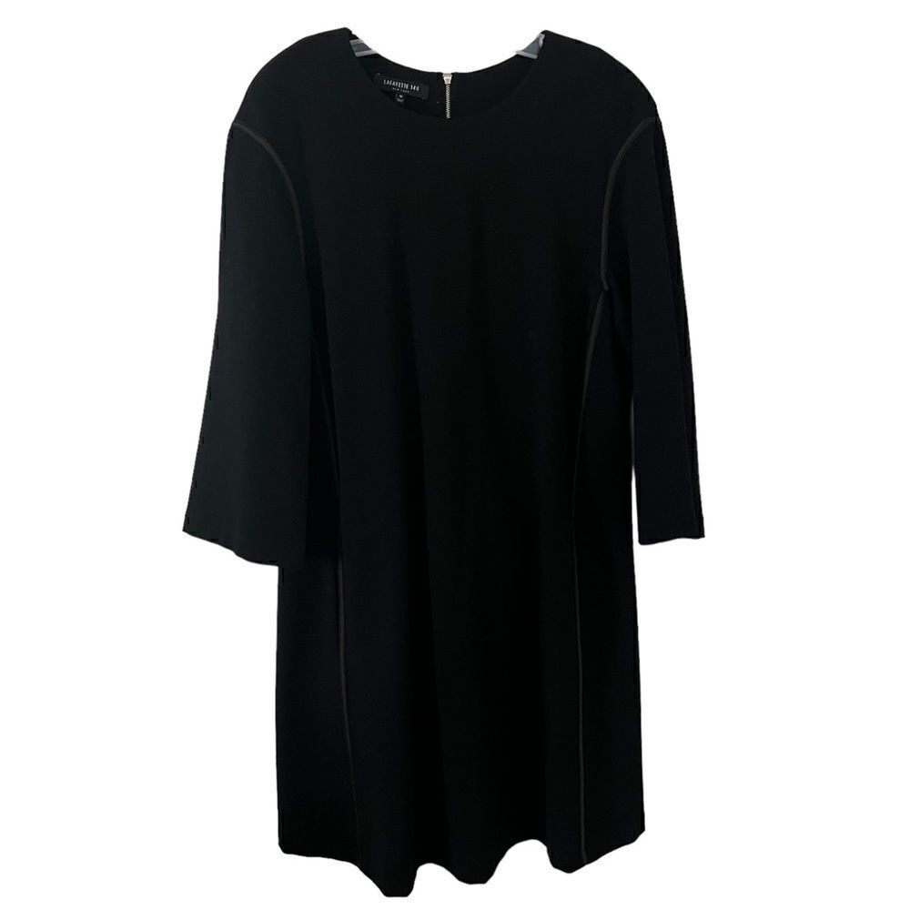 Lafayette 148 Black Midi Dress Leather Trim Pockets Medium Minimalist Career